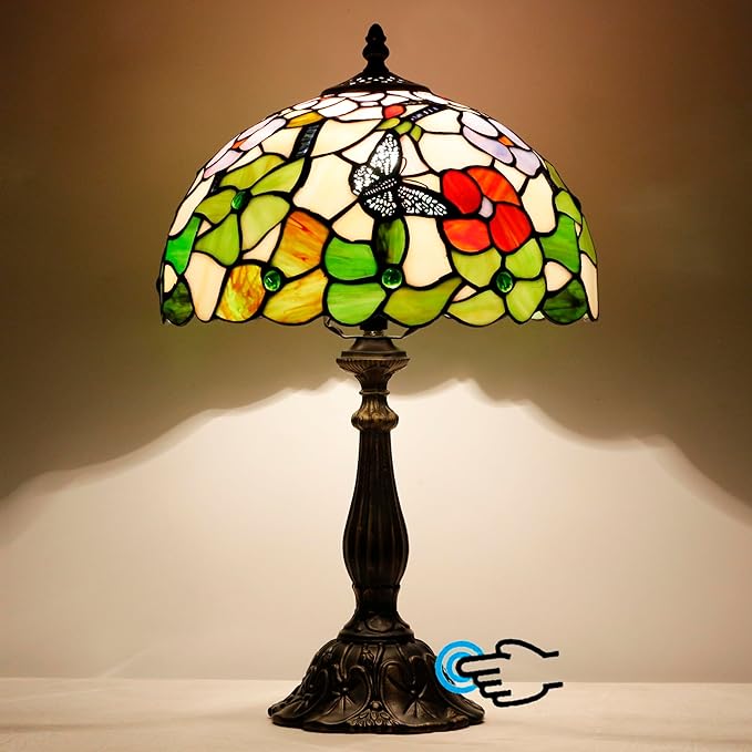 Tiffany Lamp Touch Control Table Lamp Stained Glass Desk Lamp 12X12X19 Inches Butterfly Flower Style Reading Light