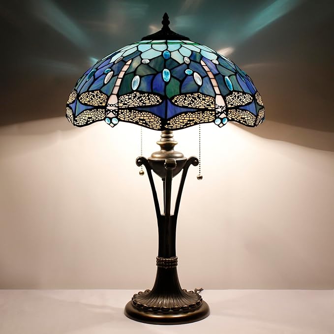Tiffany Table Lamp Blue Stained Glass Desk Lamp 16X16X24 Inches Dragonfly Style Reading Light