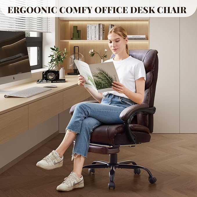 Leather Home Office Chair with Foot Rest,500lbs Big and Tall Ergonomic Desk Chair,360°Swivel Free,90°-155°Recline,43"- 47" Height Adjustable,Silent 360° Casters for Home Office Computer Desk