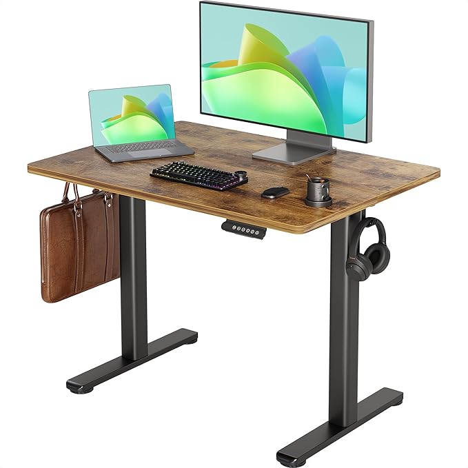 INNOVAR Electric Standing Desk, Adjustable Height Stand up Desks, 40 x 24 Inches Sit Stand up Desk for Home Office Computing, 3-Preset Memory Height Ergonomic Rising Desks, Rustic Brown