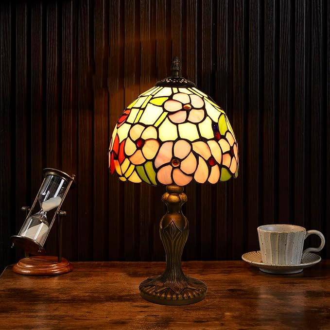 Tiffany Small Table Lamp 3 Color Temperatures Plum Blossom Flower Stained Glass Table Lamps for Living Room Bedroom Bedside Nightstand Home Office Desk Light W/LED Bulb 8X8X15Inch
