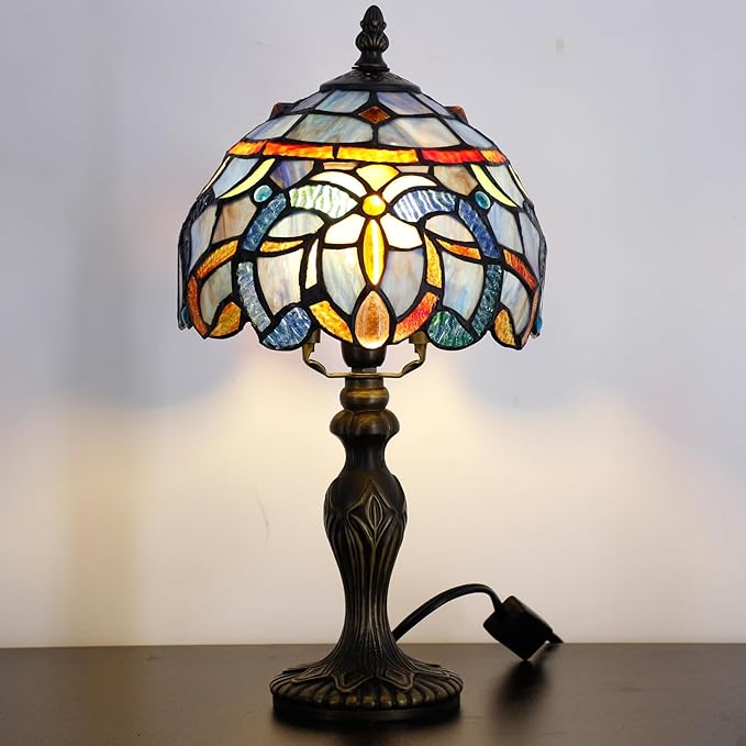 Small Tiffany Lamp Stained Glass Table Lamp Mini Desk Accent Light for Bedroom Bedside Reading Home Antique Style Decor 8X15 Inches (Blue Purple)