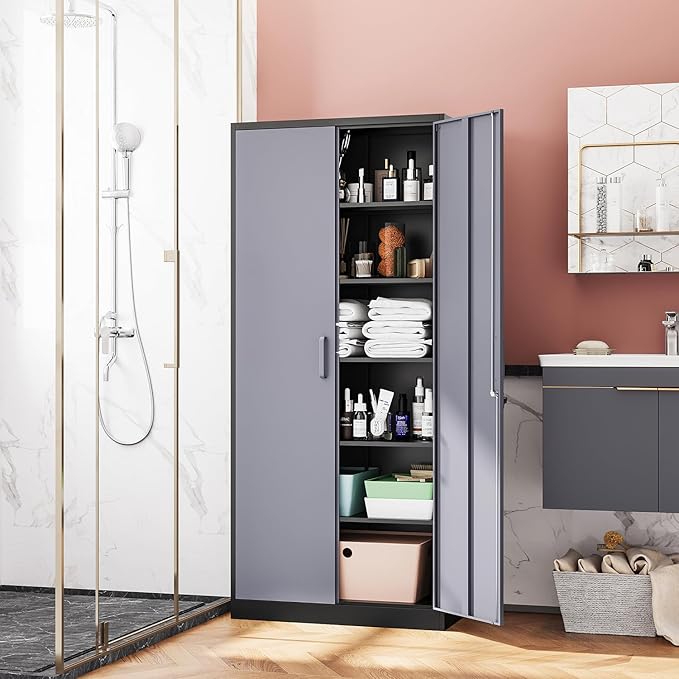 Metal Storage Cabinet-72” Tall Steel File Cabinets with Lockable Doors and 5 Adjustable Shelves-Black&Gray Steel Storage Cabinet for Home, School, Office, Garage
