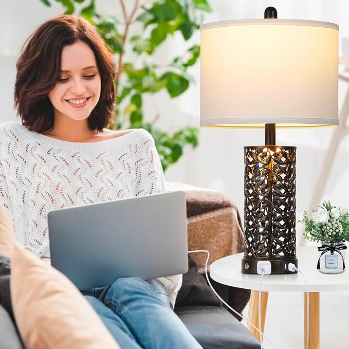Vintage Lamp for Living Room Set of 2,Rustic Retro Bedside Nightstand Lamps with 2 USB Ports & AC Outlet,Touch Control Industrial Desk Lamp for Bedroom Entryway,Black with Bronze Bruch
