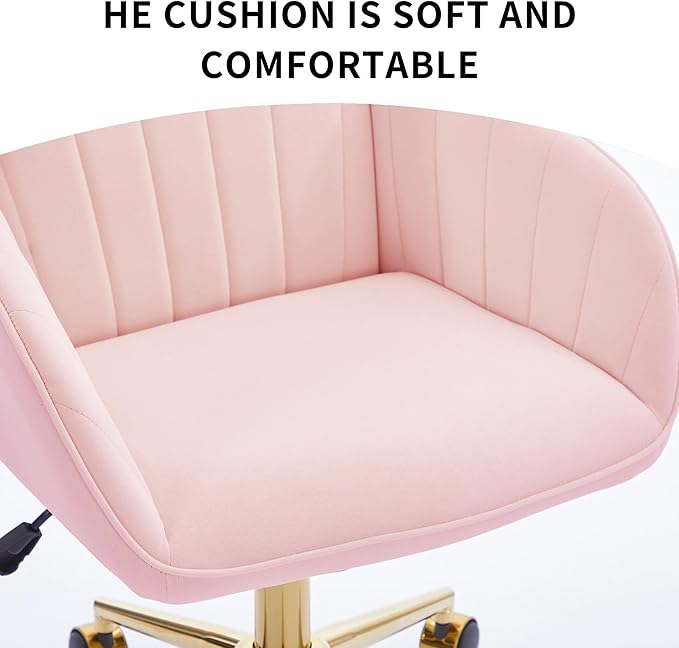 YISHENG Velvet Office Desk Chair with Gold Base, with Wheels,Modern Height Adjustable 360 Degree Swivel Upholstered Vanity Chairs with Arms for Living Room Bedroom,Pink