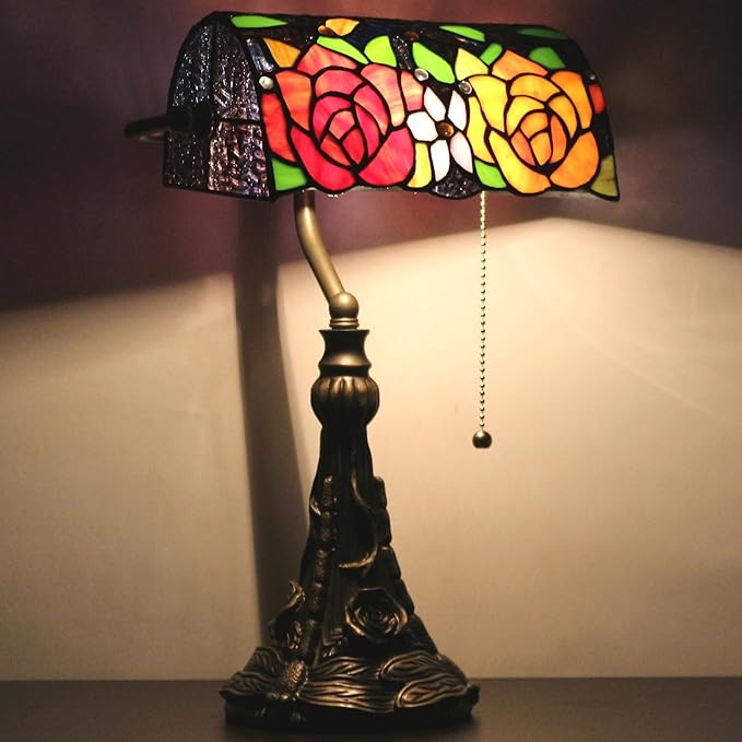 Tiffany Banker Lamp Small Stained Glass Table Lamp Tiffany Style Piano Light Yellow Red Rose Style Desk Lamp Angle Adjustable 10.6X15.7Inch for Home Office Living Room Bedroom