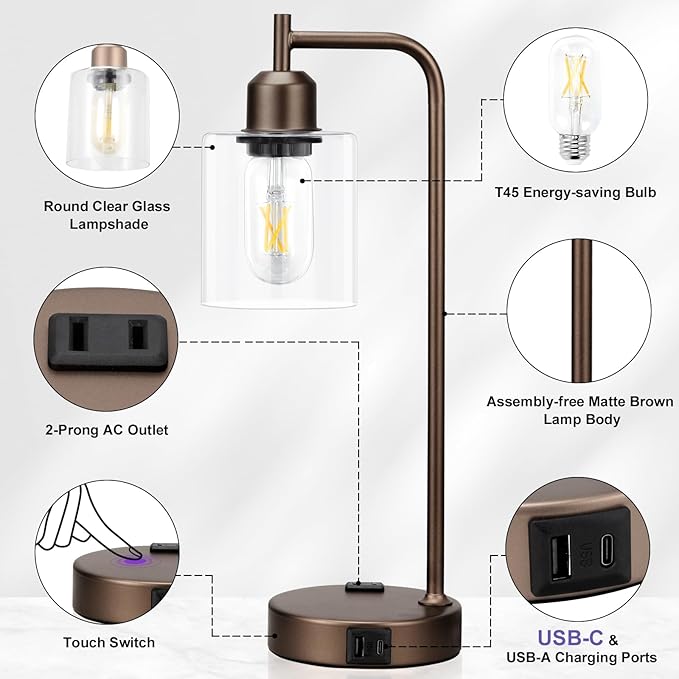 Innqoo Industrial Touch Table Lamps for Bedrooms Set of 2-3-Way Dimmable Lamps with USB C+A Ports and Outlet, Brown Bedside Lamps with Clear Glass Shade for Living Room, Desk Lamps for Home Office