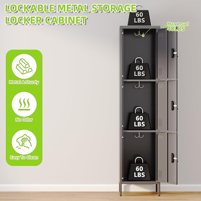 Metal Locker with Hooks and Ventilation Holes,Metal Storage Locker with Keys and Business Card Slof for Home,Gym,Garage,School,Office,66" H×15.75" W× 15.75" D,Assembly Required,Dark Grey