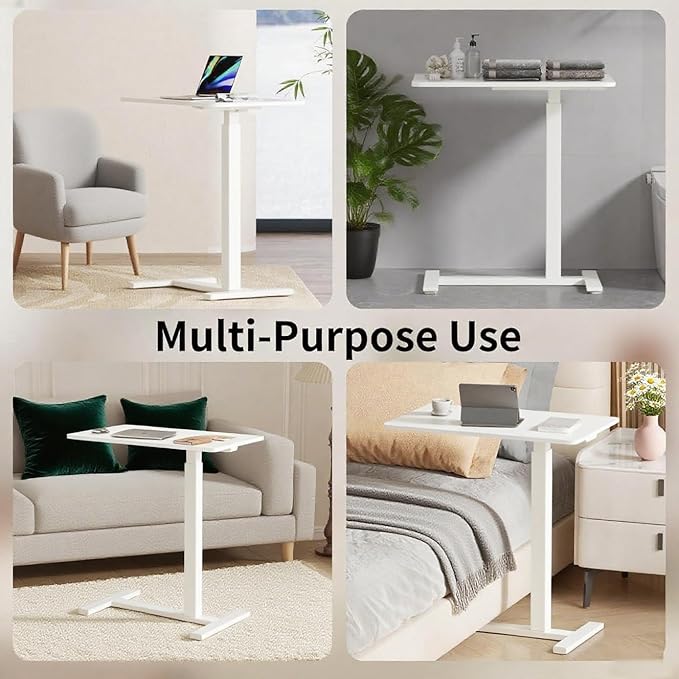 Mobile Small Standing Desk with Hidden Wheels, Portable Rolling Laptop Desk, Rolling Computer Cart Movable, Adjustable Height Computer Workstations, for Home, Office, White