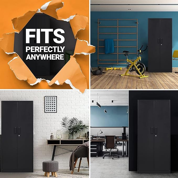 Metal Storage Cabinet-71” Tall Steel File Cabinets with Lockable Doors and Adjustable Shelves-Black Steel Storage Cabinet for Home, School, Office, Garage
