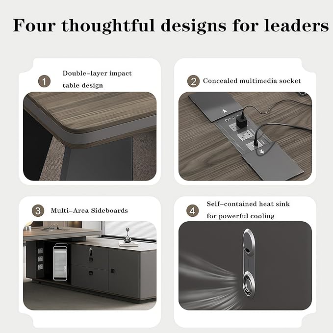 L Shaped Executive Desk, 78.7 inch Large Executive Computer Desk Set Drawers and Lockable, Power Socket and USB Port Storage, Without Display Racks and Bookshelves