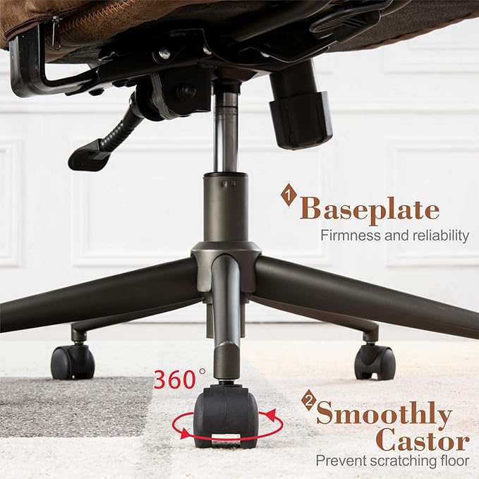 ovios Ergonomic High Back Office Chair, Mid-Century Modern Faux Suede Leather Chair with Padded Armrests, Comfy Executive Computer Task Swivel Rolling Chairs, Brown