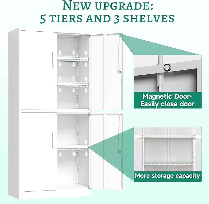 Letaya Metal Storage Cabinet with Lock Door, Adjustable Shelf Steel Cabinets for Office, Home,Pantry,Kitchen,Garage Utility Cabinet (4 Door-White)
