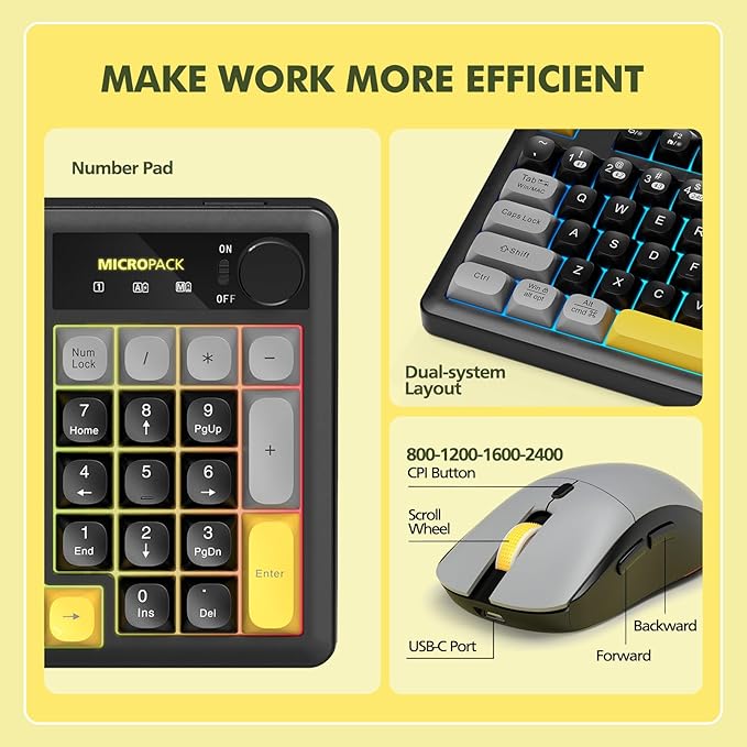 Wireless Keyboard and Mouse Combo Creamy with Number Pad for Desktop Mac iPad Bluetooth/2.4ghz/Wired Rechargeable Light up RGB Quiet Compatible with PC Laptop Tablet (Black)