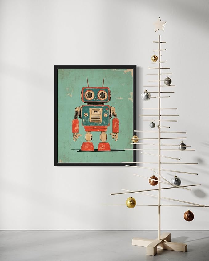 Robot Pop Art Poster Print, Vintage Retro Wall Art Decor Paintings Classic Artwork for Bedroom Living Room Decorations. 43 (Robot, 24 x 36 inches, Black Frame)
