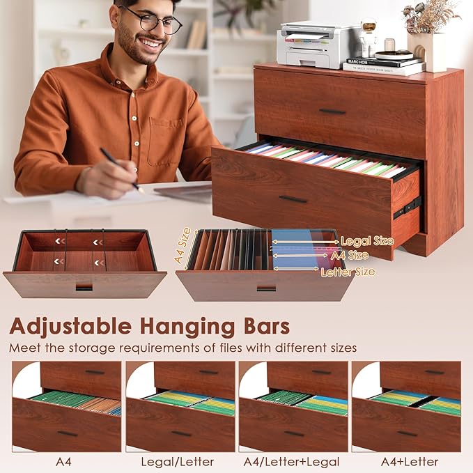 Giantex Office File Cabinet 2 Drawer - Lateral Filing Cabinet w/Anti-Toppling Device, Hanging Bars, Home Office Furniture for Hanging File Folders A4/Letter/Legal Size, File Storage Cabinet (Walnut)