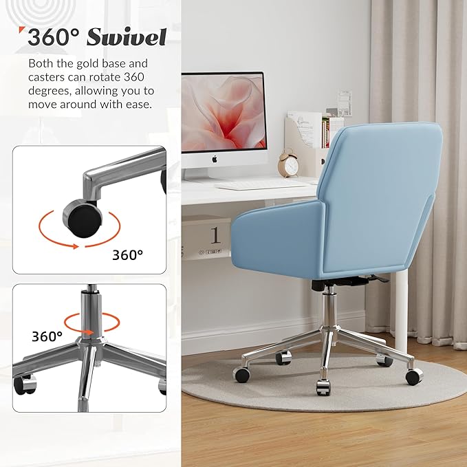 YISHENG Velvet Office Desk Chair with Silver Base, with Wheels,Modern Height Adjustable 360 Degree Swivel Upholstered Vanity Chairs with Arms for Living Room Bedroom,Light Blue