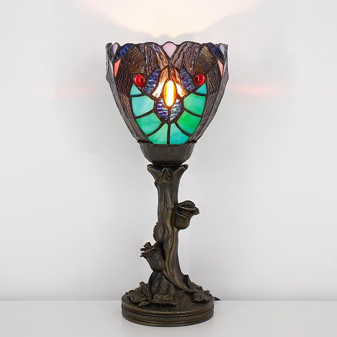 Small Tiffany Lamp Mini Stained Glass Table Lamp Green Liaison Accent Desk Uplight W6 H13.5 Inch Bronze Resin Base