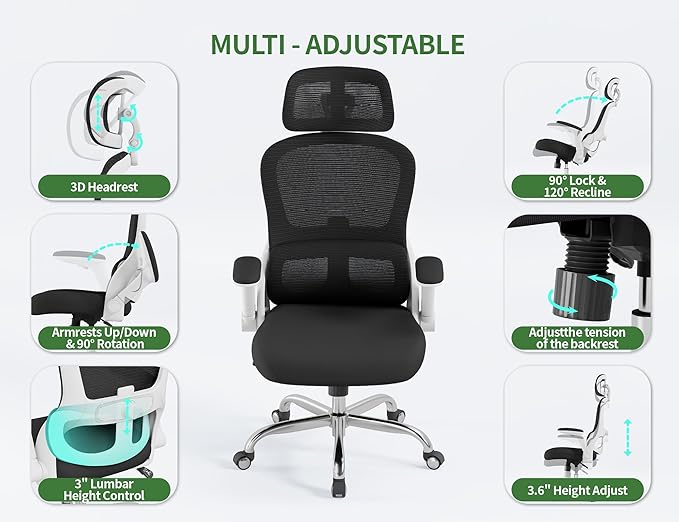 Ergonomic Office Chair - Computer Desk Chair with Adjustable Lumbar Support - 400lbs Executive Desk Chair High Back with Headrest Flip-Up Arms for Long Hours, Rolling Chair (White Black)