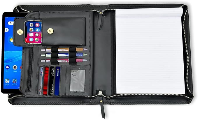 Leather Business Portfolio Padfolio Document Organizer with Writing Pad Resume Professional Interview Zipper Writing Notepad Folder for Men Women (Black)