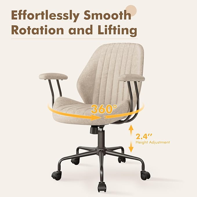 Mid Back Office Chair Mid Century Modern Executive Chair,Lumbar Support Ergonomic Home Office Desk Chair,Rolling Swivel Task Chair Task Chair Armrests Height Adjustable,350lbs (Beige)