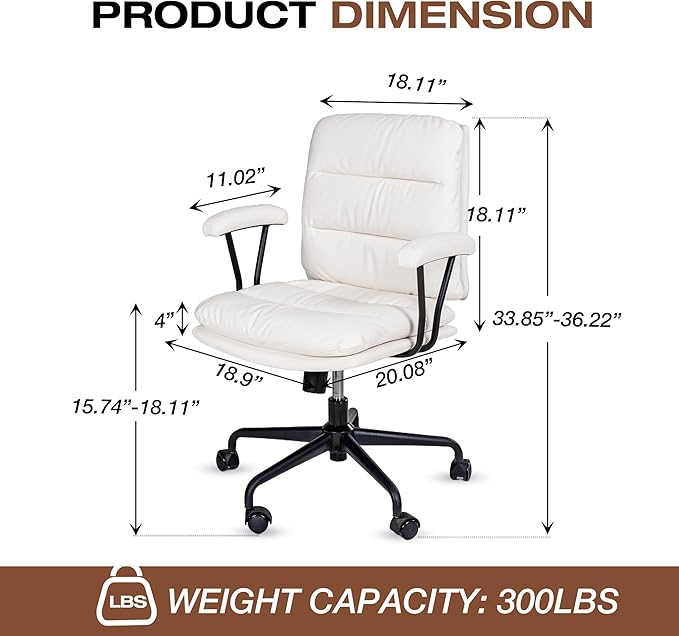 White Leather Desk Chair with Arms,Modern Office Chair with Lumbar Support,Removable Armrests, Height-Adjustable Swivel Medium Computer Chair for Home, Office, Dresser, Bedroom