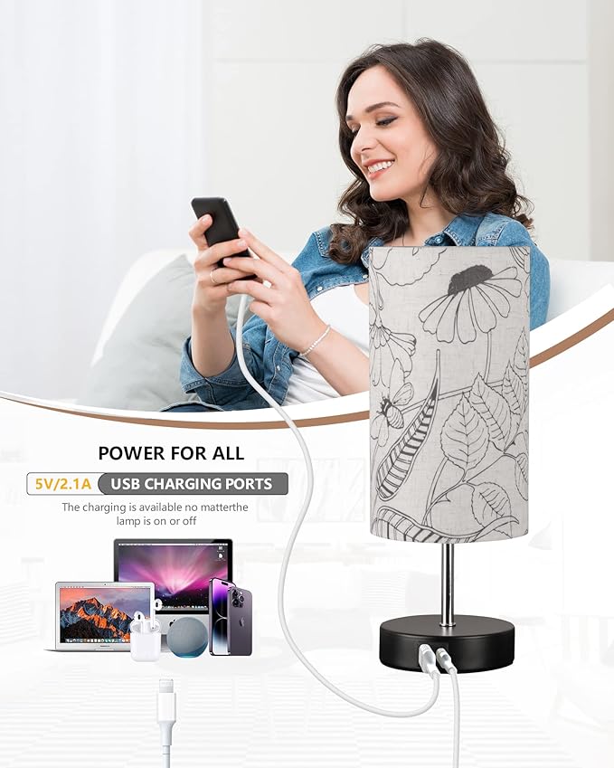 Touch Bedside Table Lamp with Bedroom, 3 Way Dimmable Desk lamp USB C Charging Ports and AC Outlet, Nightstand Lamp with Round Flower Fabric Shade for Living Room, Home Office