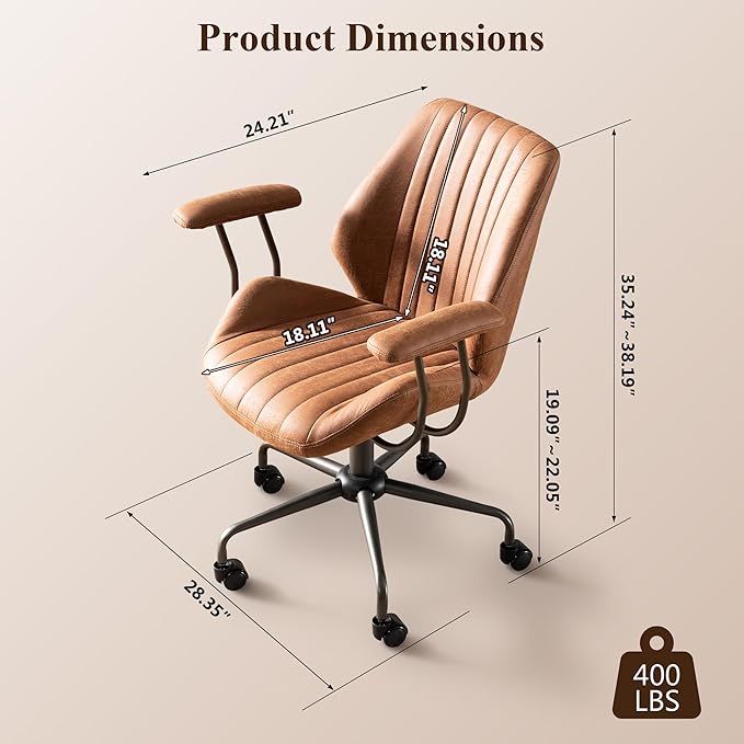 Mid Century Modren Office Chair,Mid Back Ergonomic Executive Chair with Lumbar Support, Computer Desk Swivel Task Chair with Wheels, Faux Lether Suede Fabric Home Chair, Brown