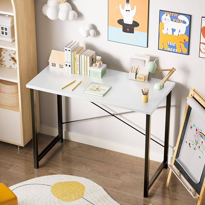 Sweetcrispy Computer Desk - 32 Inch Small Office Writing Work Study Kids Student Teacher Home Bedroom Table Storage Bag Headphone Hooks & no Wheels - White