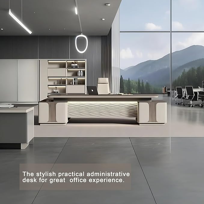 102IN Executive Desk with Drawers - Fashionable Executive Desk with Large Storage Space & Concealed Wire Box & Password Lock | Unique Front Panel & Spacious Worksurface