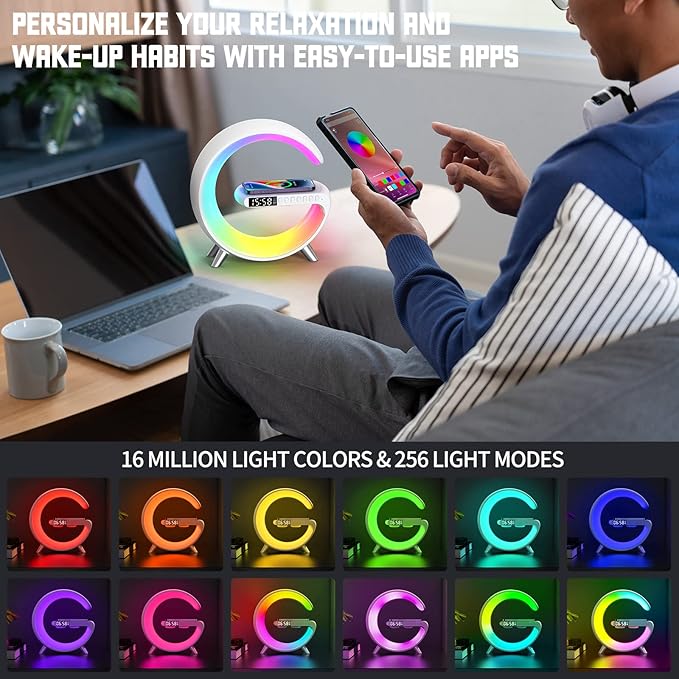 Smart Table Lamp with 4-in-1 Wireless Charger, Night Light, Bluetooth Speaker, Alarm Clock, App Control, Office, Bedroom, Home Decor (Black)