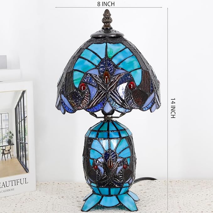 Small Tiffany Lamp Stained Glass Table Lamp Mini Mother Daughter Vase Desk Accent Light for Bedroom Bedside Reading Home Antique Style Decor 8X14 Inches (Green)