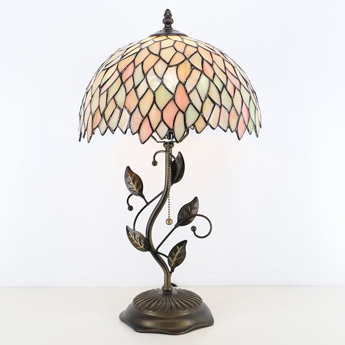 Tiffany Table Lamp, Stained Glass Style Desk Lamp, 12X12X19 Inch,Bedside Reading Light, Metal Leaf Base (Seven Color Wisteria)