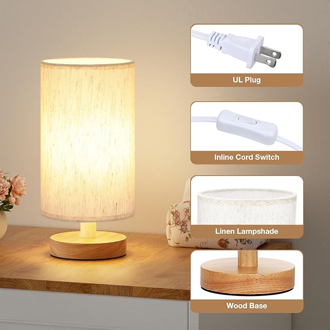 Small Lamps Set of 2 - Inline Control, Bedside Table Lamp for Bedroom with 3000K A15 LED Blub, Easy Assembly (Cream Shade - Wood Base Set of 2, 9" Inline Control)