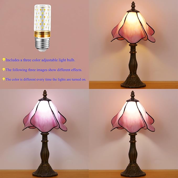 Small Tiffany Lamp Mini Stained Glass Table Lamp Bedside Accent Lamp Memory Sympathy 8X14.5 Inch (Pink)