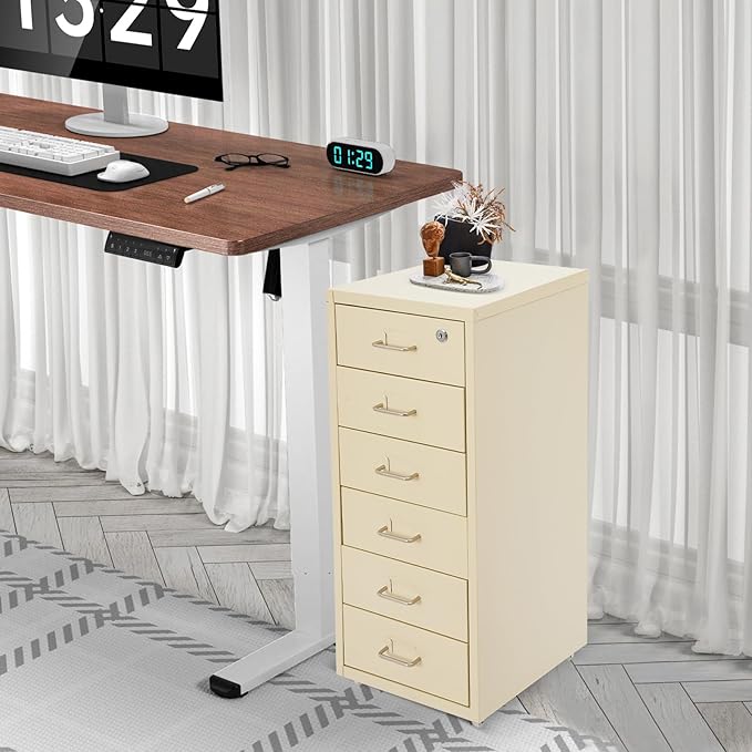 6 Drawers Rolling File Cabinet, Metal Filing Cabinets with Lock, 27 inch H Vertical Filing Organization Under Desk for Home Office, Heavy Duty Metal Storage Cabinet for A4/Letter/Legal Size File