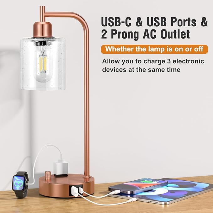 Innqoo Industrial Table Lamps for Bedrooms Set of 2 - Fully Dimmable Bedside Lamps with USB Ports and Outlet, Copper Nightstand Lamps with Glass Shade for Living Room, Desk Lamps for Office Reading