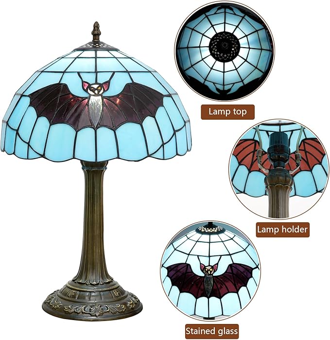 Retro Blue bat Style Stained Glass Table lamp Tiffany Lamps Living Room Office Hotel Bar Kitchen Desk Reading Bedroom Bedside Table Lamp Holiday Gift Halloween Home Decoration 12X19 inches