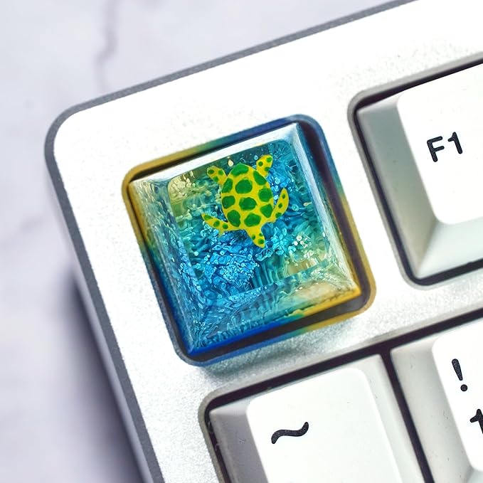 Sea Turtle Artisan Keycap Light Yellow and Blue Ocean R1 SA Profile Custom Sea Creatures Keycaps 1U ESC Handmade Gaming Resin Key Cap Cherry MX Switch Compatible Mechanical Keyboard Turtle Lover Gift
