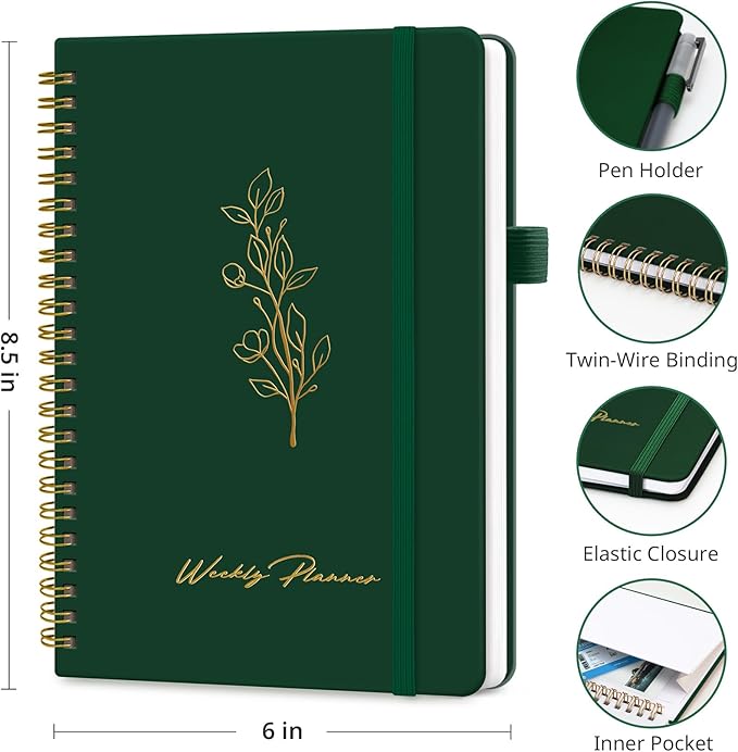 Undated Weekly Planner, Weekly To Do List Notebook with Goal & Habit Tracker Organizer, A5 Weekly Planner Notebook with Spiral Binding, 6.1" x 8.2" - Dark Green