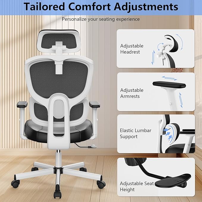 Office Chair, Ergonomic Desk Chair, High Back Desk Chair, Big and Tall Reclining Comfy Home Office Chair with Lumbar Support Breathable Mesh Computer Chair Adjustable Armrests