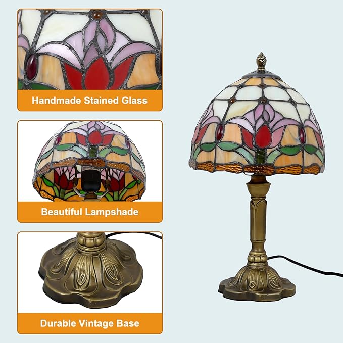 Tiffany Lamp Tulips Flower Stained Glass Table Lamp 8x8x14 Inches Flower Style Desk Reading Light Decor for Beside Bedroom Living Room Home Office with LED Bulb