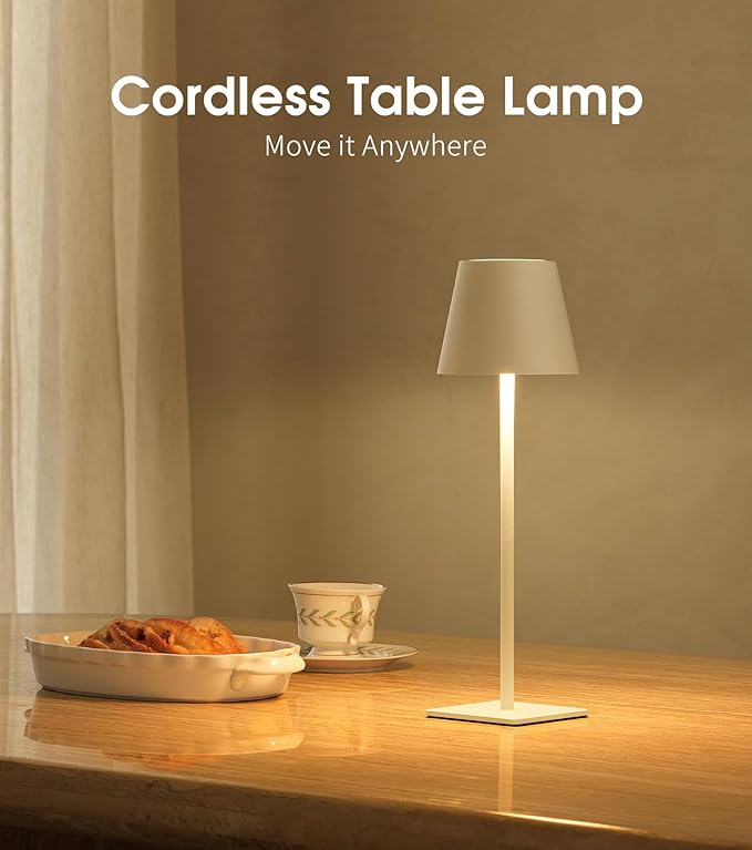 UME Cordless Table Lamp, Battery Operated Lamp - Portable Waterproof Rechargeable Table Lamp w/ 3 Color Temps & Stepless Dimming for Dinner, Desk, Cafe, Outdoor (White)
