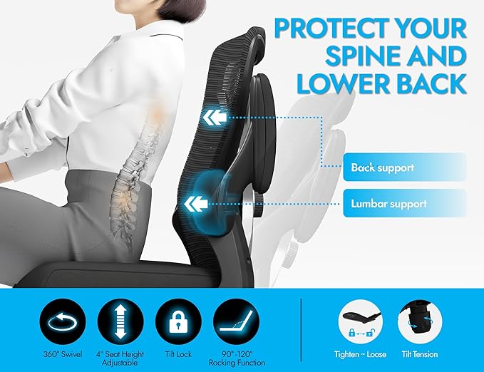 Ergonomic Office Chair - X-Shaped Computer Desk Chairs Comfy, Mesh High-Back Gaming Chair with Adjustable Lumbar Support, Executive Task Chair for Adults, Comfortable for Long Hours