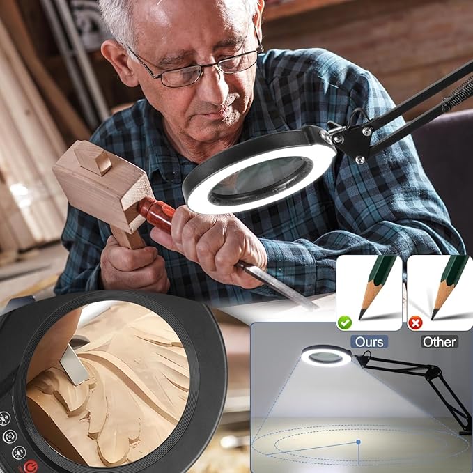LANCOSC 10X Magnifying Glass with Light and Clamp, 5 Color Modes Stepless Dimmable Lighted Magnifier with Light, Adjustable Swing Arm LED Desk Lamp Hands Free for Close Work Crafts Repair Painting