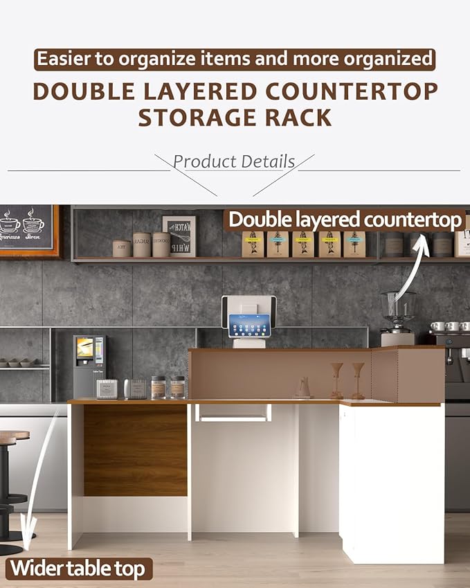 L-shaped Reception Desk, Solid Wood Reception Desk with Counter, Check out Stand with Lockable Drawer & Cabinet, Retail Checkout Counter for Office, Store, Beauty Salon (L-Shaped-Dark Walnut-R, 63in)