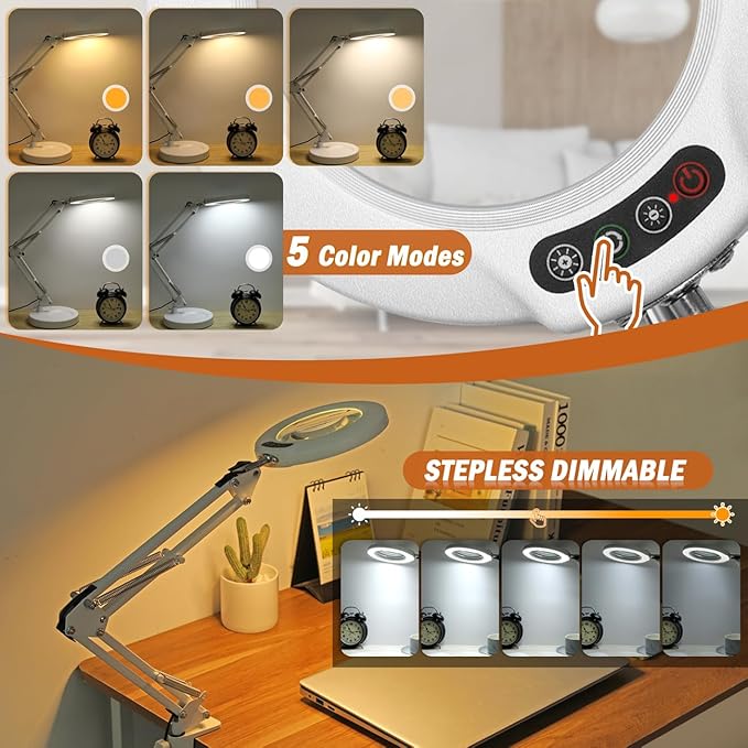 Veemagni 10X Magnifying Glass with Light, 5 Color Modes Stepless Dimmable 2-in-1 Desk Lamp and Clamp, LED Lighted Magnifier with Light and Stand, Hands Free for Craft Hobby Painting Close Work - White