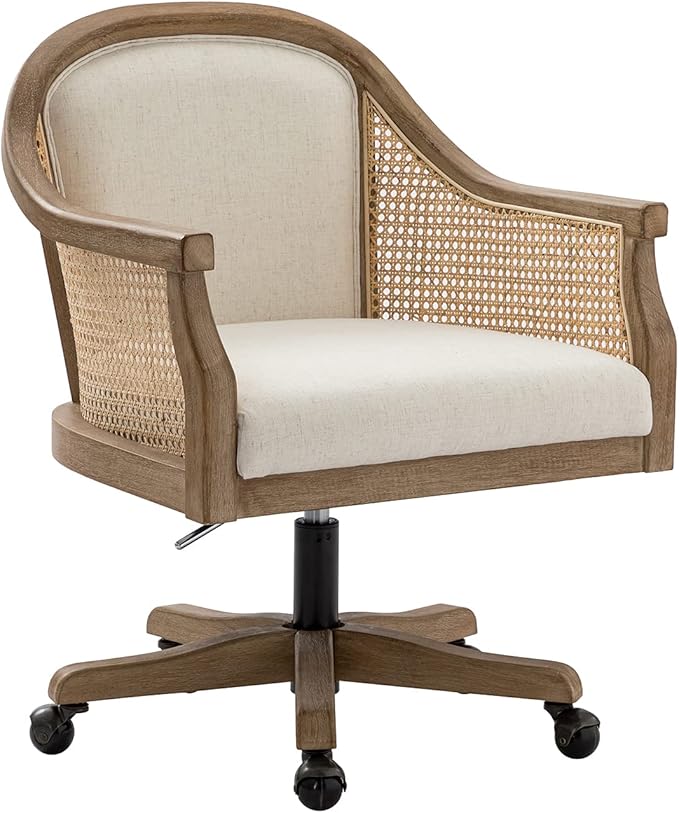 TINA'S HOME Rattan Desk Chair, Upholstered Home Office Chair with Armrest, Adjustable Swivel Rolling Height Computer Task Chair for Living Room Bedroom Study Room, Ivory