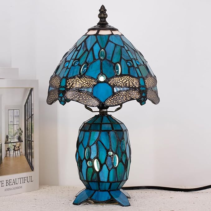 Small Tiffany Lamp Stained Glass Table Lamp Mini Mother Daughter Vase Desk Accent Light for Bedroom Bedside Reading Home Antique Style Decor 8X14 Inches (Green Dragonfly)