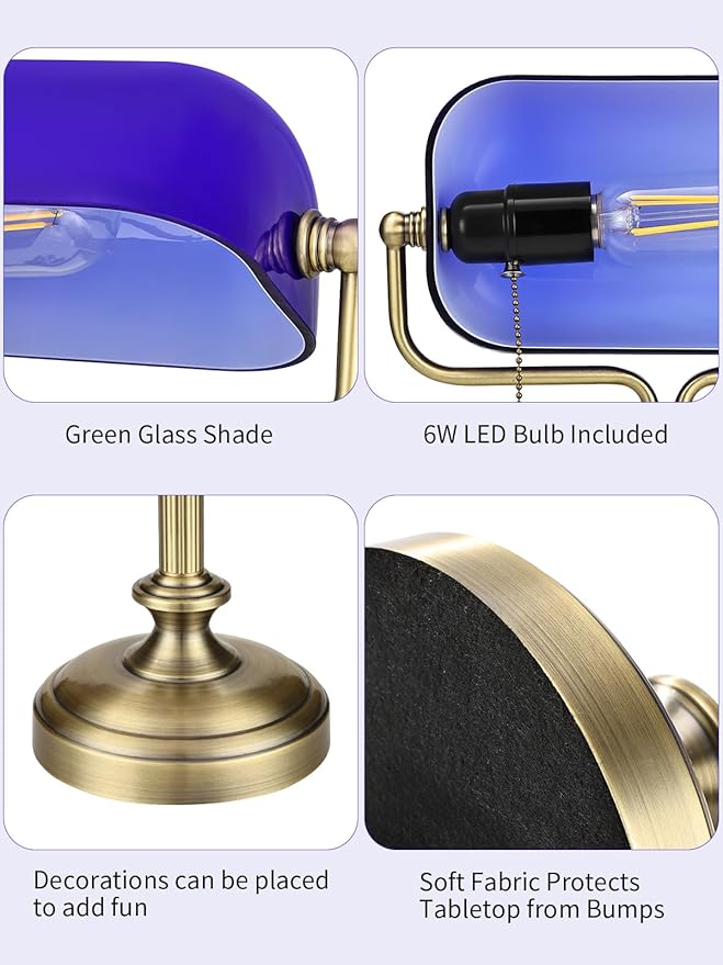 Traditional Banker's Desk Lamp with Glass Shade,Pull Chain Switch, LED Bulb Included (Antique Brass+Blue)